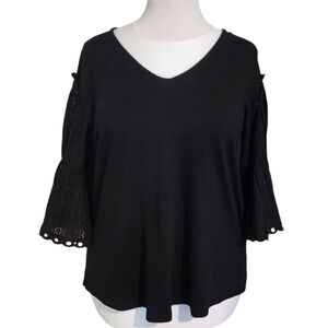 Chico's Size 2 (L) Black V-Neck Eyelet Lace Bell Sleeve Blouse Top Cotton Modal